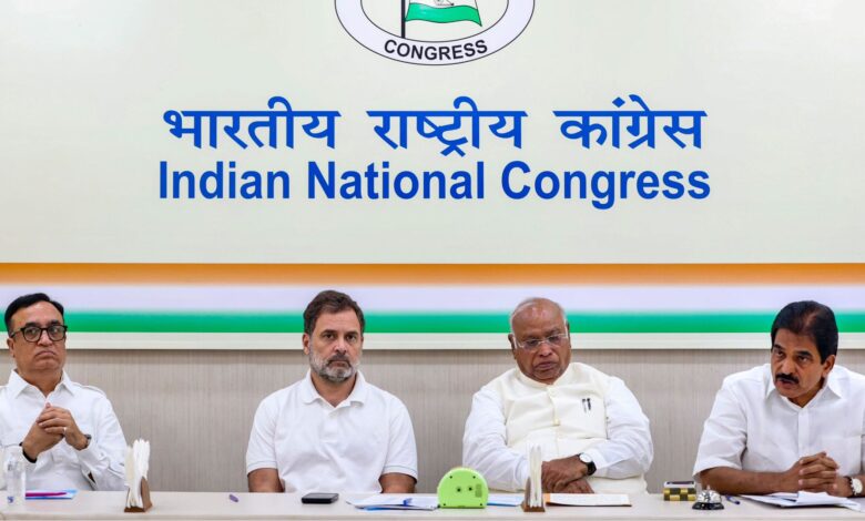 Congress President Mallikarjun Kharge, LoP in the Lok Sabha and party leader Rahul Gandhi and party General Secretary (Organisation) KC Venugopal during a meeting with General Secretaries, In-charges, and Frontal Heads of the party. (@INCIndia on X via PTI Photo)