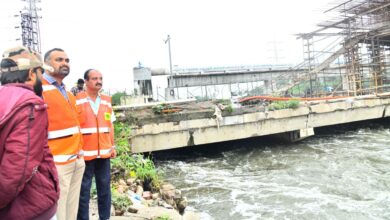 GHMC Commissioner RV Karnan reviews the ongoing construction of Moosarambagh bridge in the city on Wednesday