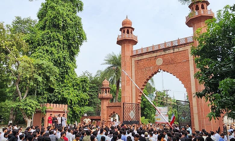 Students of Aligarh Muslim University (AMU) protest against the sudden fee hike