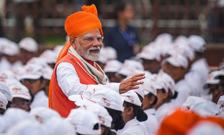 Prime Minister Narendra Modi during the 79th Independence Day celebration at the Red Fort in New Delhi on Friday (PMO via PTI Photo)