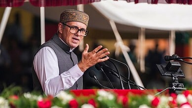 Jammu and Kashmir Chief Minister Omar Abdullah addresses the gathering during the 79th Independence Day celebration at Bakshi Stadium in Srinagar on Friday (PTI Photo/S Irfan)