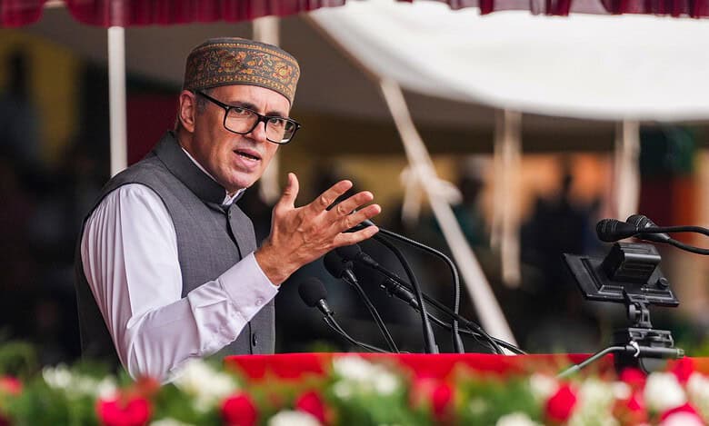 Jammu and Kashmir Chief Minister Omar Abdullah addresses the gathering during the 79th Independence Day celebration at Bakshi Stadium in Srinagar on Friday (PTI Photo/S Irfan)