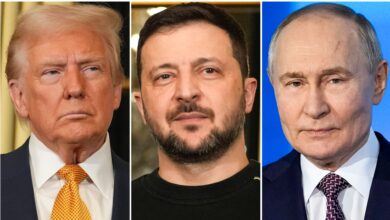President Donald Trump (left), Ukraine's President Volodymyr Zelensky (center) and Russian President Vladimir Putin (right)