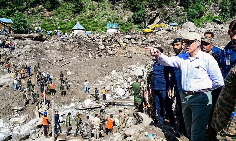 Jammu and Kashmir CM Omar Abdullah during his visit to Chisoti village after a flash flood triggered by cloudburst in Kishtwar. (PTI)