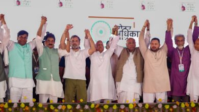 Congress leader Rahul Gandhi with RJD supremo Lalu Prasad Yadav, Congress president Mallikarjun Kharge and Bihar LoP Tejashwi Yadav at a rally as part of his 'Voter Adhikar Yatra' in Bihar's Sasaram village. (@INCIndia/X via PTI Photo)