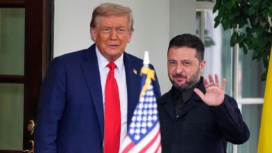 President Donald Trump (left) greets Ukraine's President Volodymyr Zelenskyy as he arrives at the White House in Washington on Monday. AP/PTI