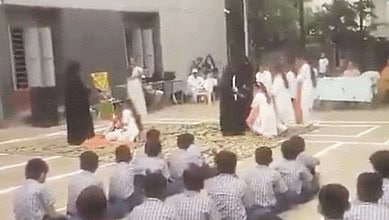 Burqa-clad girls carrying “guns” enter the scene and “shoot” the others in a skit during Independence Day celebrations. The incident occurred in a primary school in gujarat