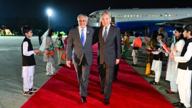 Pakistan Foreign Minister Ishaq Dar welcomes his Chinese counterpart Wang Yi in Islamabad