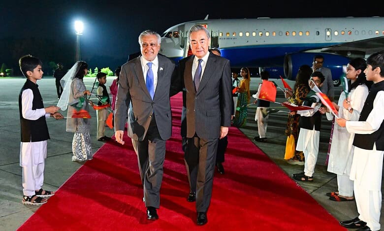 Pakistan Foreign Minister Ishaq Dar welcomes his Chinese counterpart Wang Yi in Islamabad