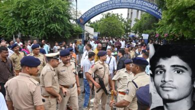 Police stand in front of a private school in Ahmedabad. Deceased Nayan Santani (inset)