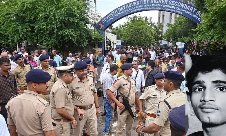 Police stand in front of a private school in Ahmedabad. Deceased Nayan Santani (inset)
