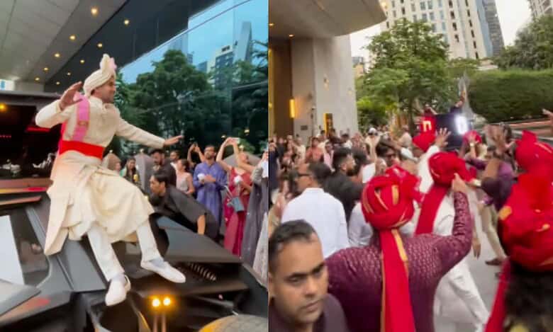 Indian groom arrives at wedding venue on Batmobile