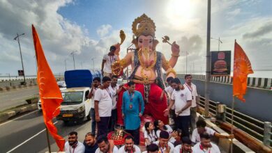 An idol of Lord Ganesh being taken to a 'pandal' ahead of Ganesh Chaturthi festival in Hyderabad