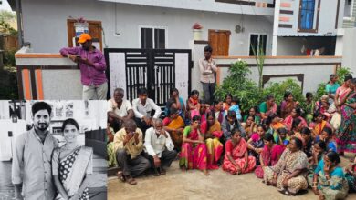 Relatives of Swati stage a protest in front of Mahender's house on Sunday.