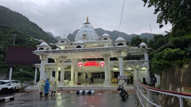 Deserted premises of the entry gate for the Vaishno Devi Temple after the yatra was temporarily suspended following a landslide and heavy rainfall at Katra in Reasi district, Jammu and Kashmir on Wednesday (PTI Photo)