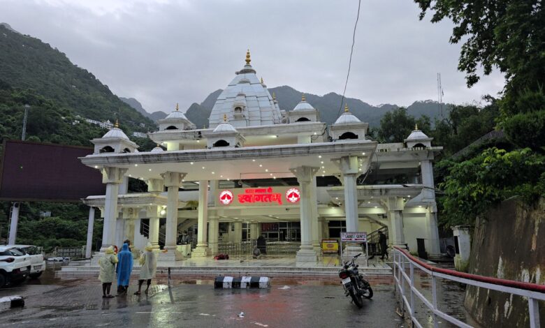 Deserted premises of the entry gate for the Vaishno Devi Temple after the yatra was temporarily suspended following a landslide and heavy rainfall at Katra in Reasi district, Jammu and Kashmir on Wednesday (PTI Photo)