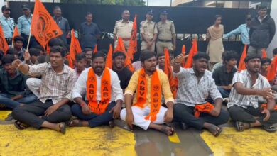 ABVP students protest in front of Mahindra University demanding the arrest of its vice chancellor over allegations of drug abuse