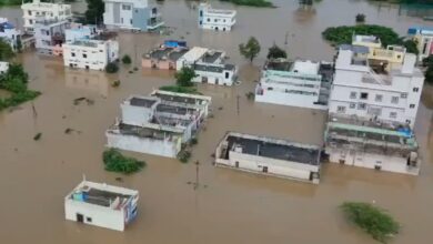 Image of partially submerged houses in Telangana's Kamareddy district