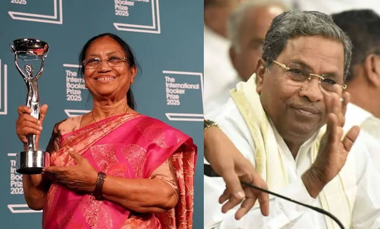 International Booker Prize winner Banu Mushtaq (left) and Karnataka Chief Minister Siddaramaiah (right)