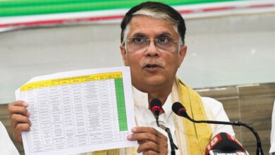 Congress leader Pawan Khera addresses a press conference in Patna on Sunday (PTI Photo)