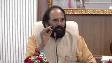 Telangana irrigation minister N Uttam Kumar Reddy takes stock of the flood situation, damages and release of water for irrigation on Tuesday, August 19, 2025.