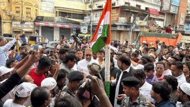 Asaduddin Owaisi unfurls the national flag at Madina Circle in Hyderabad
