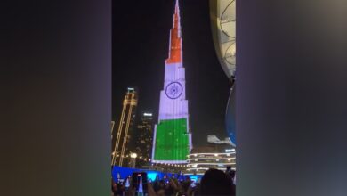 The image of Burj Khalifa illuminated in the Indian tricolour flag during India’s 79th Independence Day celebrations in Dubai.