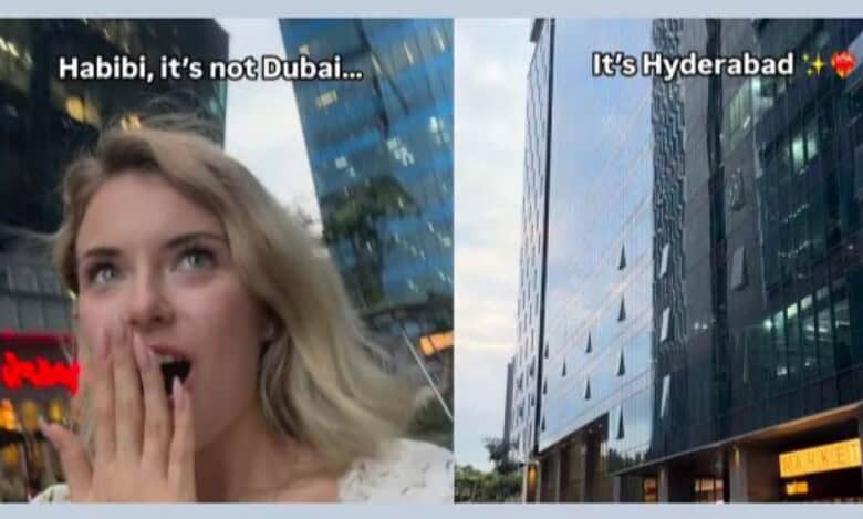 The image of Russian vlogger surprised while comparing Hyderabad’s modern skyline to Dubai.