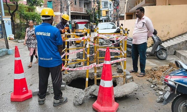 Damaged manhole at Pragathi nagar has caused stagnation of sewage in the area