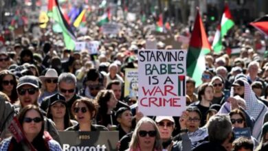 Crowds at a pro-Palestinian rally in Melbourne holding flags and banners on August 24, 2025.