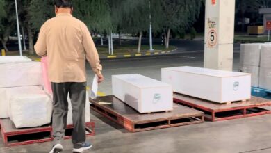 White coffins on pallets prepared for repatriation.