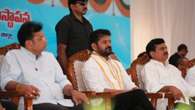 Image of Telangana CM Revanth Reddy with others during the foundation stone laying of the Integrated Sub-Registrar offices in Gachibowli/