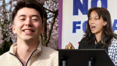 The image of Riki Fameli smiling outdoors beside cherry blossoms, and Anna Hattle speaking passionately at a podium during a protest.