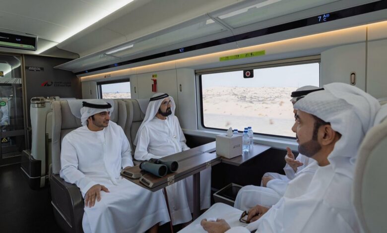 Sheikh Mohammed bin Rashid Al Maktoum reviews Etihad Rail progress during a test ride from Dubai to Fujairah with UAE officials.