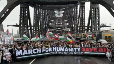 Protesters walk across Sydney Harbour Bridge during pro-Palestinian rally.