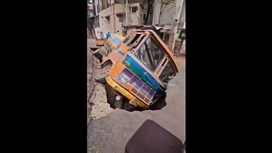 Road caves in, water tanker plunges into drain in Hyderabad