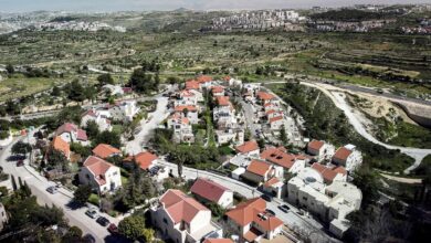 Aerial drone view of the West Bank landscape with Israeli settlements.