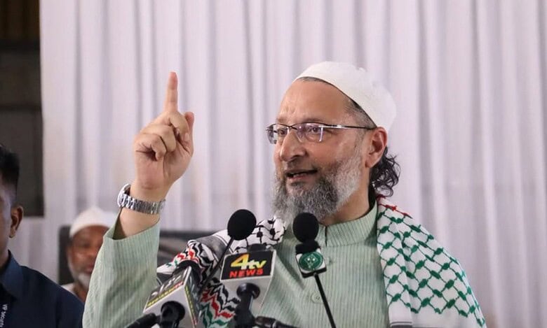 Asaduddin Owaisi addresses a meeting at Darussalaam in Hyderabad