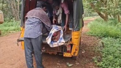 The image shows a local auto driver ferrying the body of a dead Chenchu woman, whose body was left by the side of the road at Farhabad check-post in Amrabad Tiger Reserve on Thursday night, September 19, 2025.