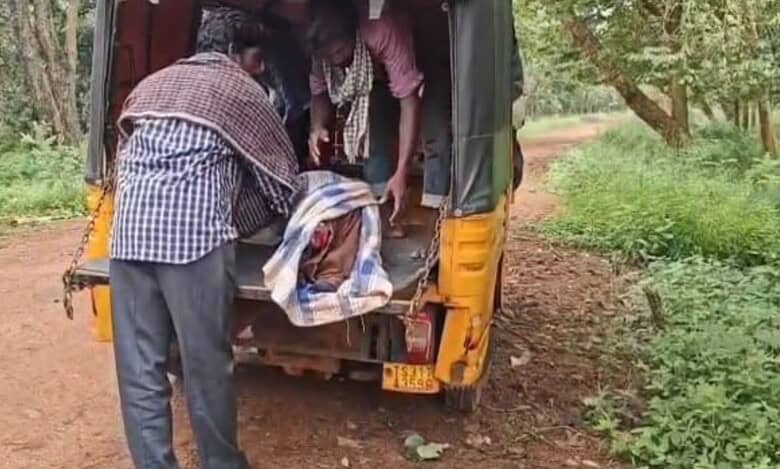 The image shows a local auto driver ferrying the body of a dead Chenchu woman, whose body was left by the side of the road at Farhabad check-post in Amrabad Tiger Reserve on Thursday night, September 19, 2025.