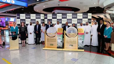 Dubai Duty Free officials and participants pose during the Millennium Millionaire draw at Dubai International Airport.