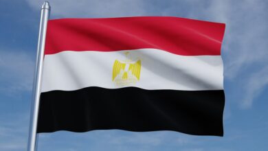 Flag of Egypt waving on a flagpole, featuring horizontal red, white, and black stripes with the golden Eagle of Saladin in the center.