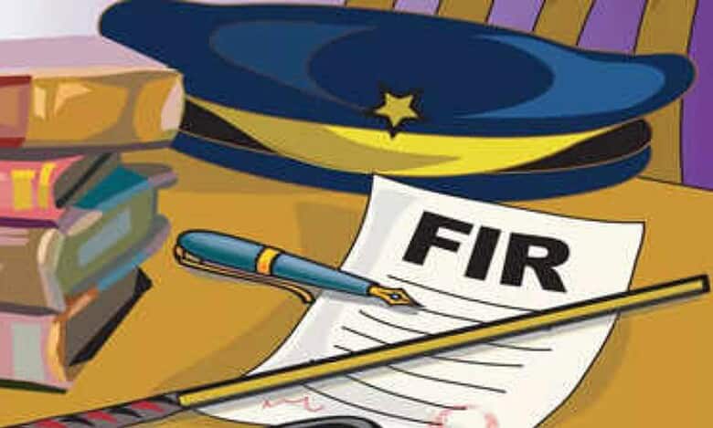 Illustration of a police cap, pen, and a first information report (FIR) document on a desk next to stacked books.