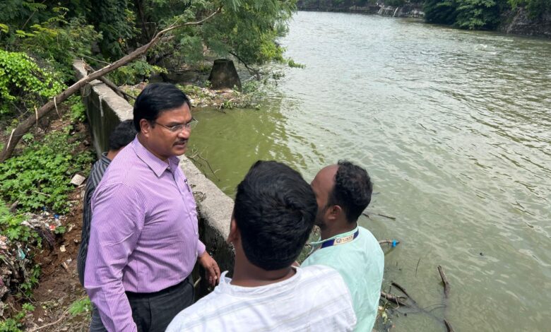 HYDRAA commissioner AV Ranganath visits flooded areas in Hyderabad on Thursday, September 18, 2025.