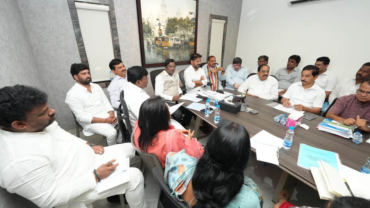 The image shows Telangana CM A Revanth Reddy holding a meeting with key Congress leaders on the Jubilee hills bypoll in Hyderabad on Sunday, September 14, 2025.