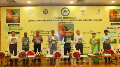 The image shows horticultural scientists and experts at the "National Conclave on Climate Change and Horticulture: Impacts, Adaptation and Mitigation Strategies" held at Sri Konda Laxman Telangana Horticultural University on Thursday, September 18, 2025.