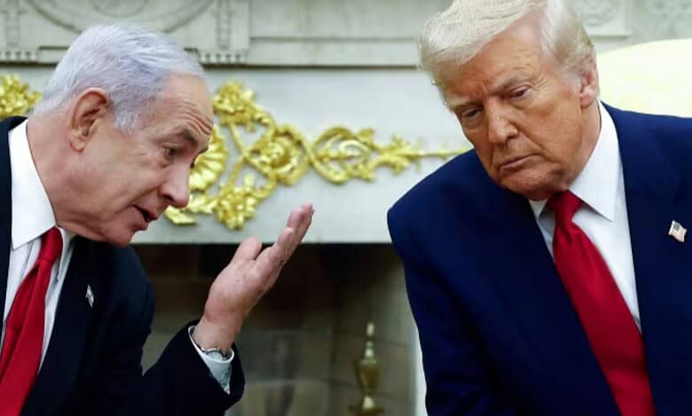 Israeli Prime Minister Benjamin Netanyahu speaks with US President Donald Trump during a meeting.
