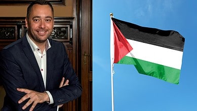 Belgian deputy Prime Minister Maxime Prevot (Left) and the Palestinian flag
