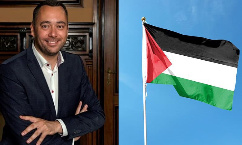 Belgian deputy Prime Minister Maxime Prevot (Left) and the Palestinian flag