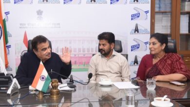 The image shows Telangana CM A Revanth Reddy meeting Union road transport and highways minister Nitin Gadkari in New Delhi on Tuesday, September 9, 2025.